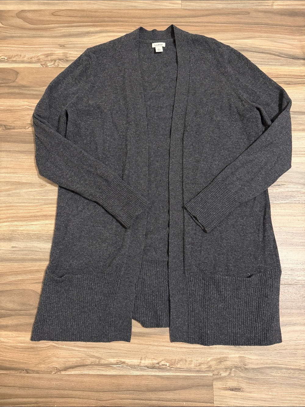 L.L. Bean Women L 100% Cashmere Open Front Long Cardigan Charcoal Pockets